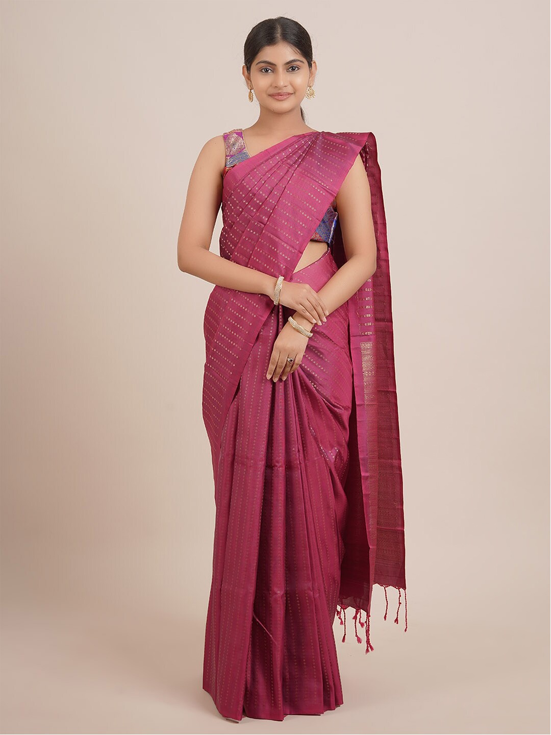 

Pothys Purple & Gold-Toned Pure Silk Kanjeevaram Saree