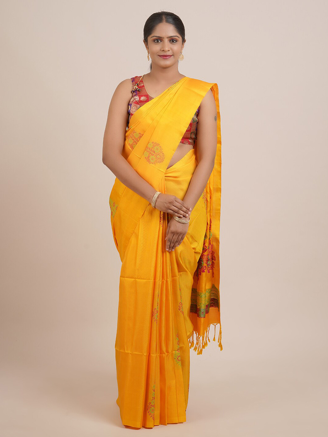 

Pothys Yellow & Green Woven Design Pure Silk Saree