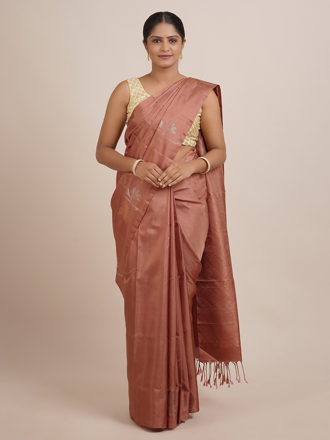 

Pothys Tan And Silver Toned Woven Design Pure Silk Saree