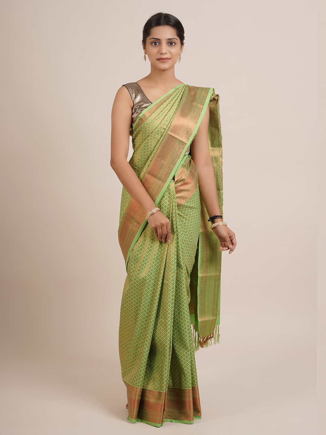 

Pothys Green And Copper Toned Ethnic Motifs Woven Design Zari Pure Silk Saree