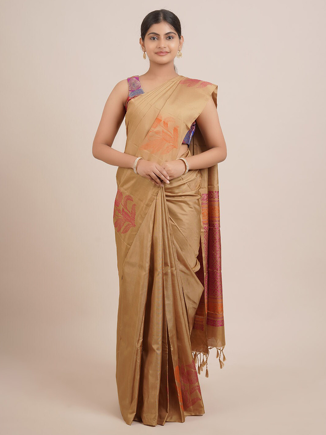 

Pothys Beige And Pink Woven Design Pure Silk Kanjeevaram Saree