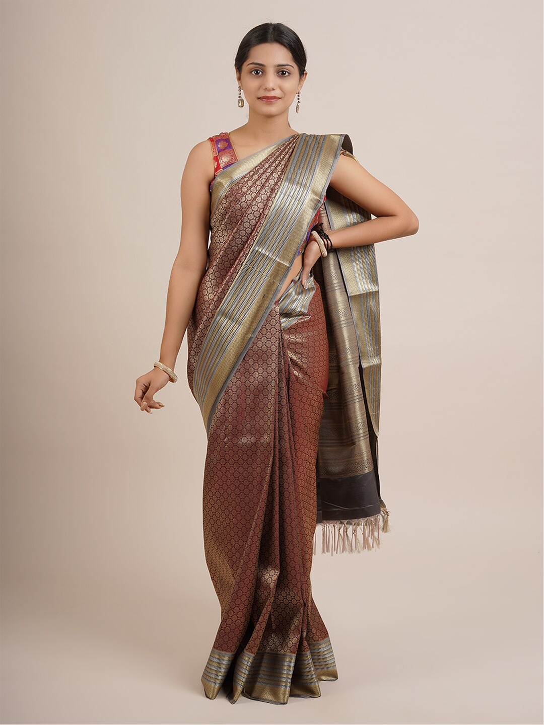 

Pothys Brown And Gold Toned Ethnic Motifs Woven Design Zari Pure Silk Saree