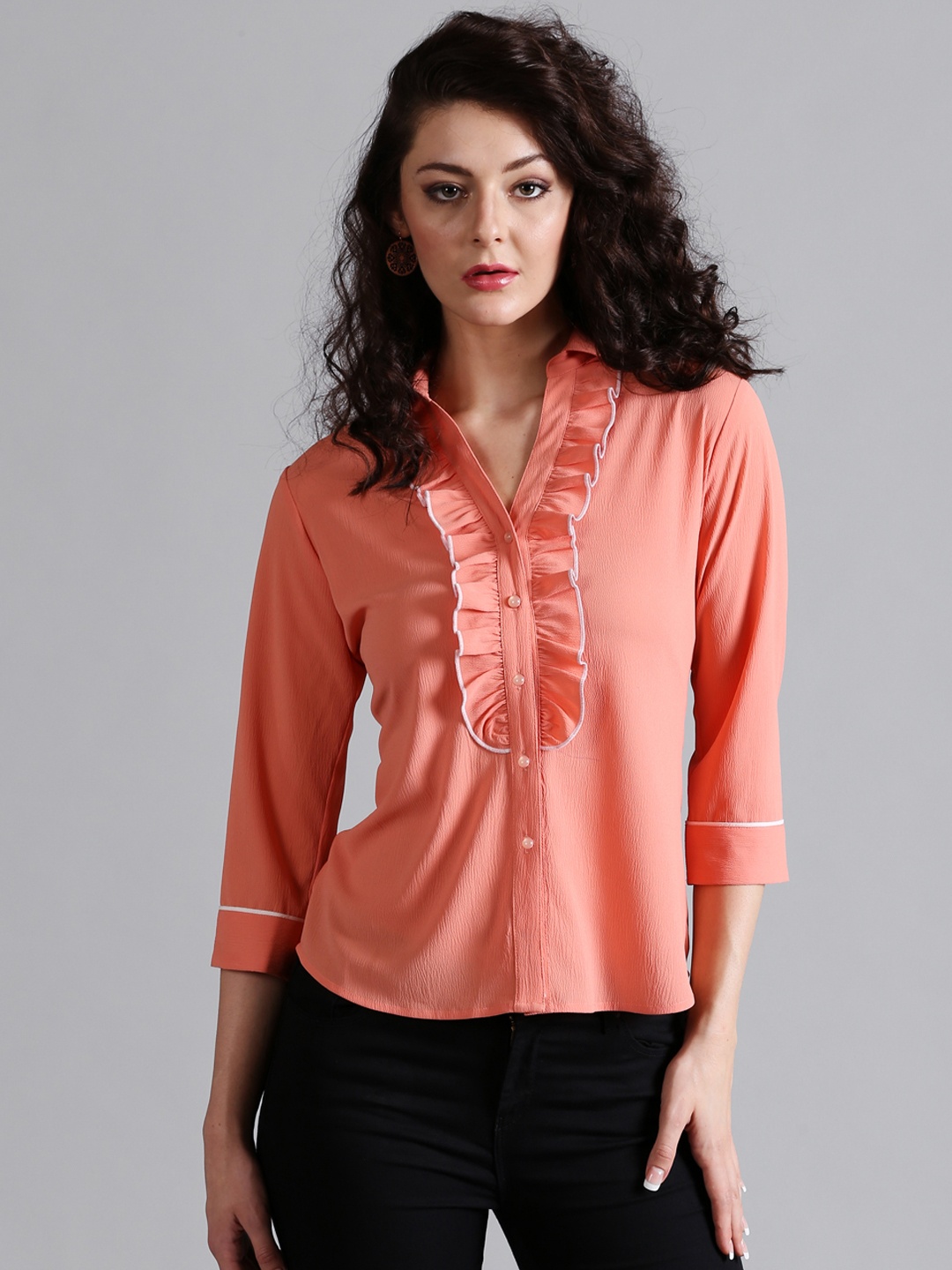 

Noi Women Peach-Coloured Regular Fit Solid Casual Shirt