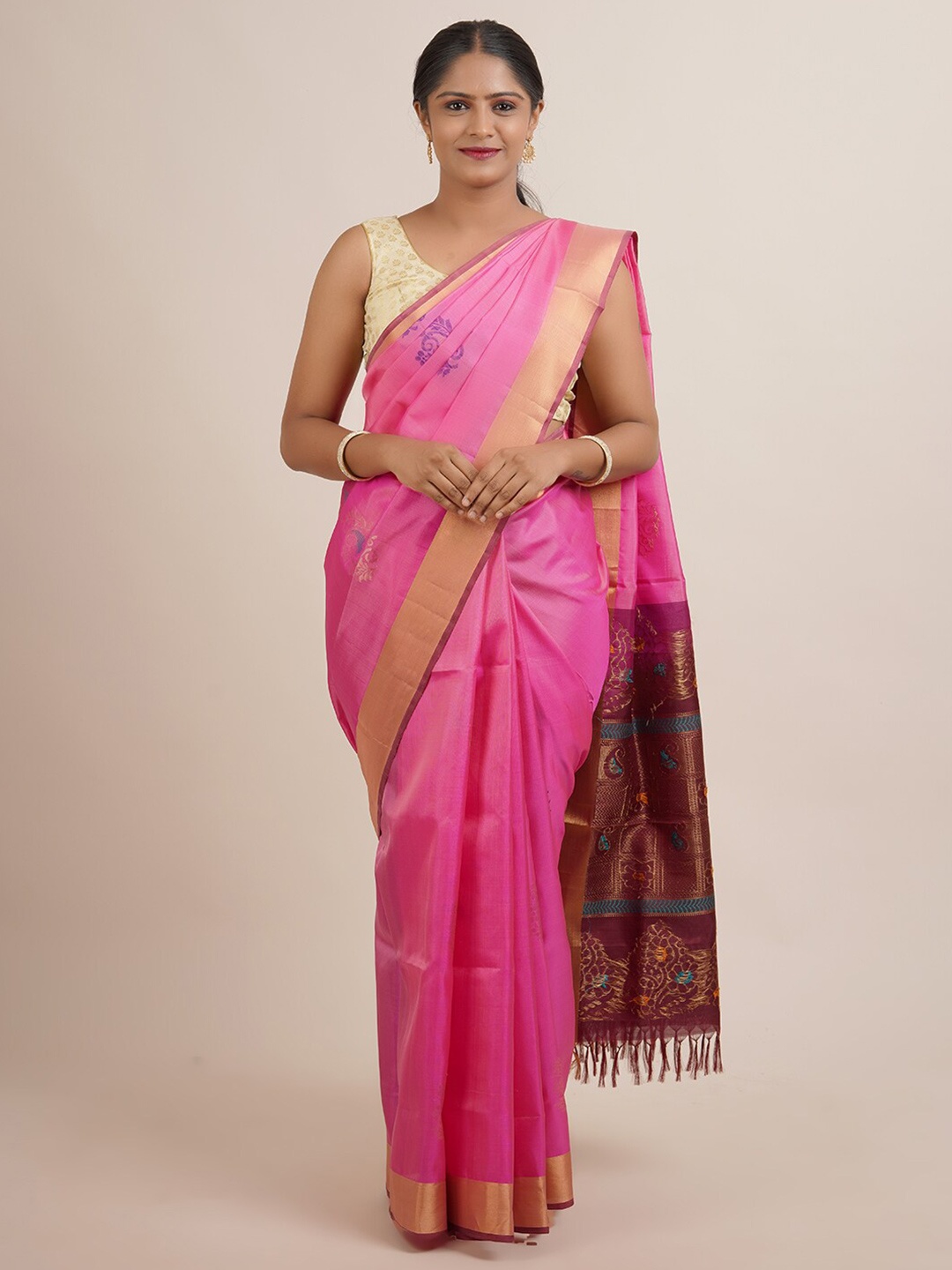 

Pothys Pink & Burgundy Woven Design Zari Pure Silk Kanjeevaram Saree