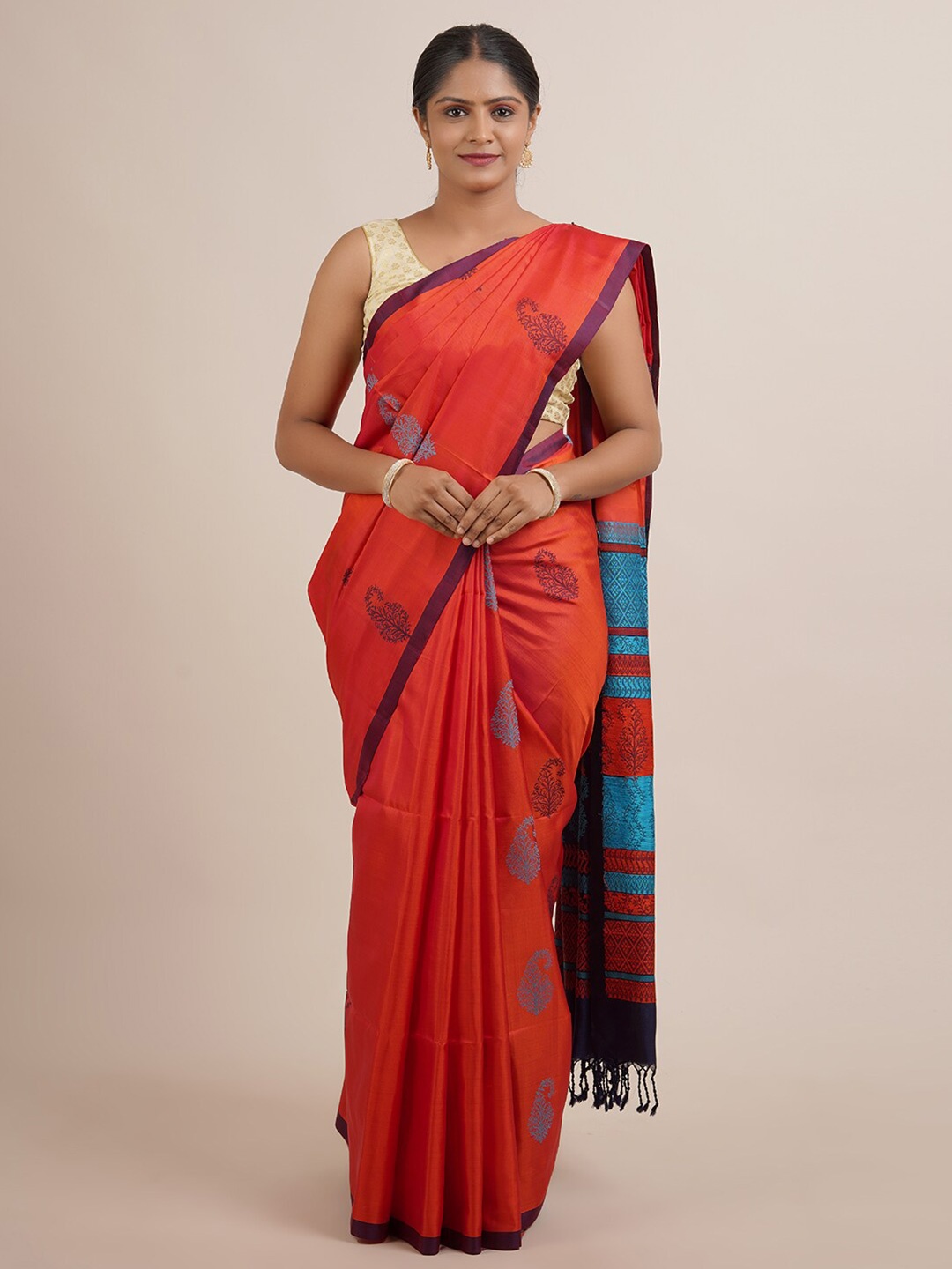 

Pothys Orange & Blue Paisley Pure Silk Kanjeevaram Saree