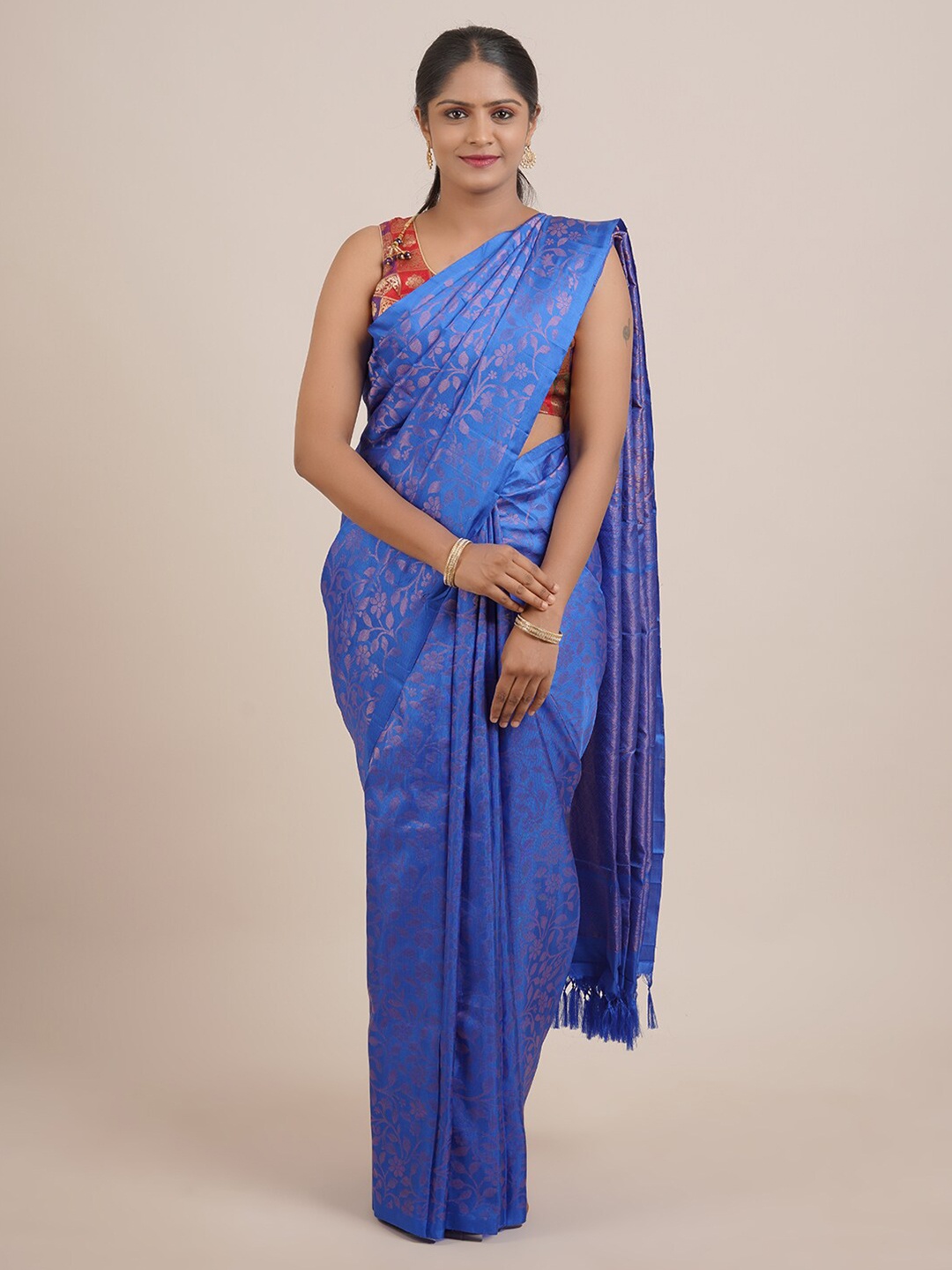 

Pothys Blue & Copper-Toned Floral Zari Pure Silk Kanjeevaram Saree