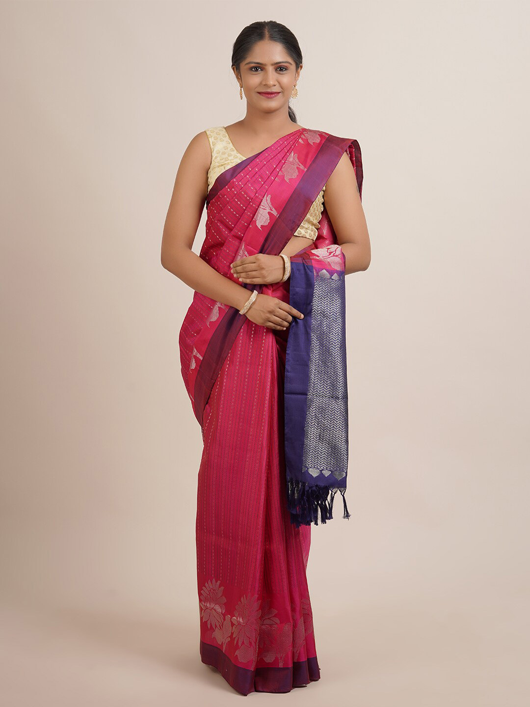 

Pothys Pink & Navy Blue Floral Zari Pure Silk Kanjeevaram Saree