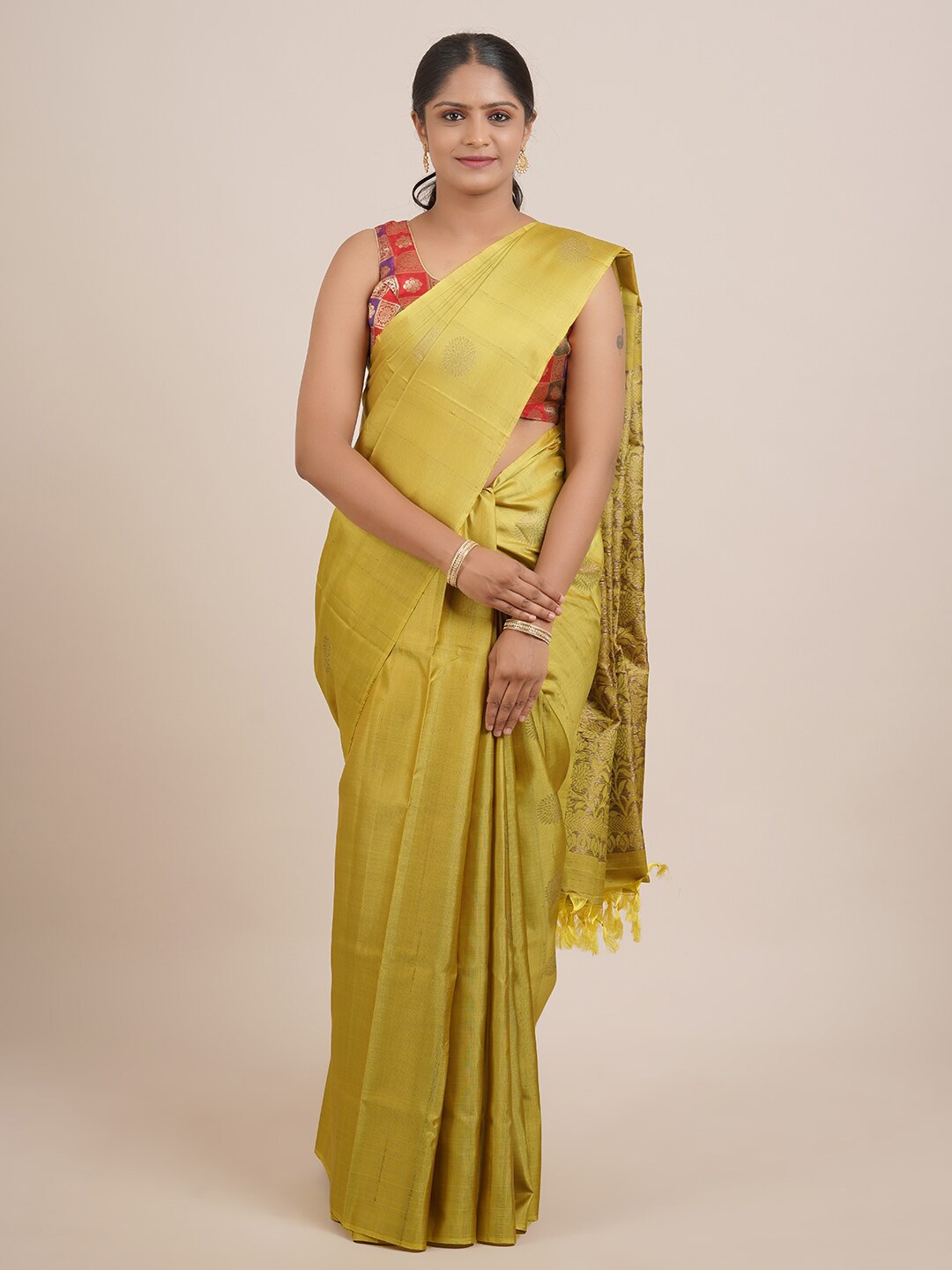 

Pothys Green & Copper-Toned Woven Design Pure Silk Kanjeevaram Saree
