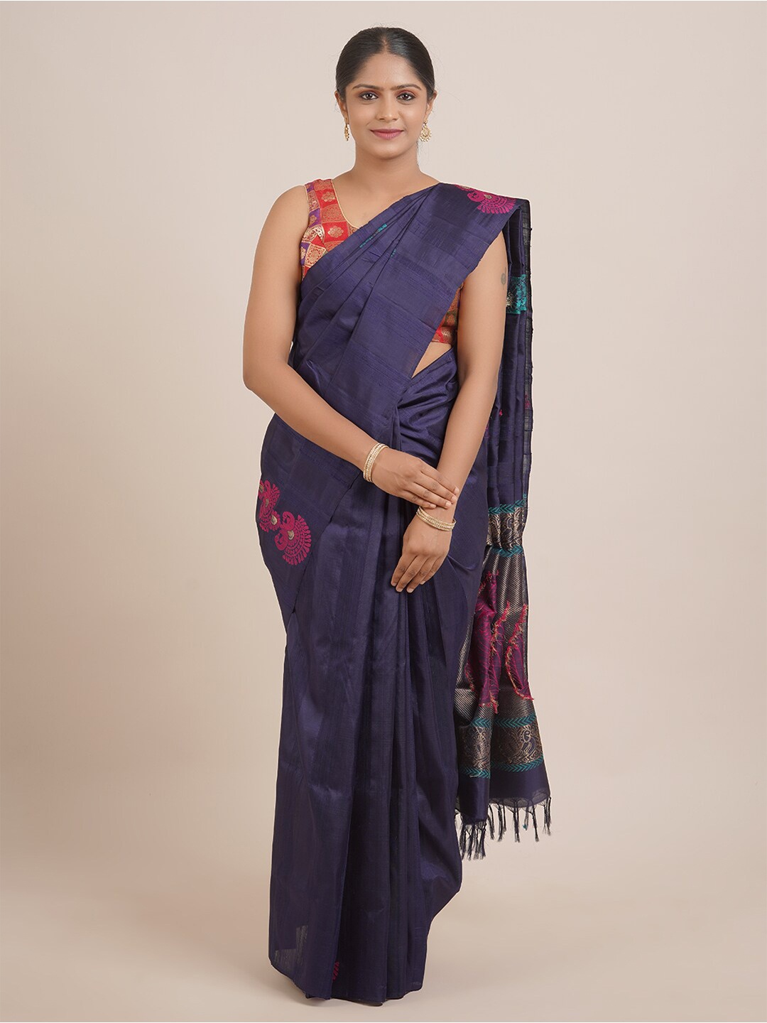 

Pothys Blue & Red Woven Design Pure Silk Kanjeevaram Saree