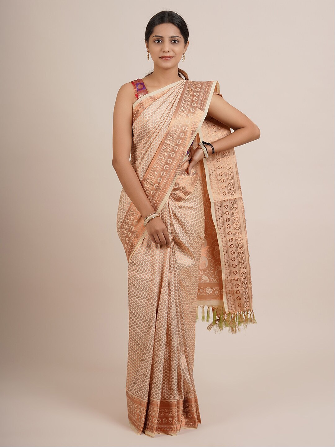 

Pothys Cream-Coloured & Copper-Toned Woven Design Pure Silk Saree