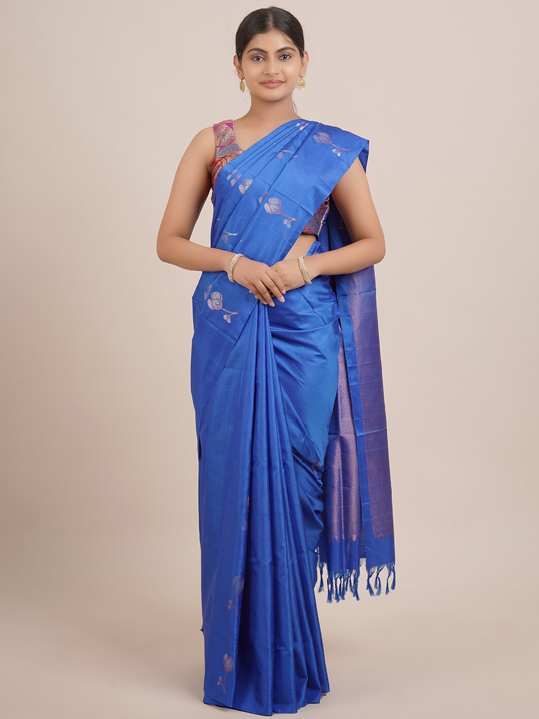 

Pothys Blue & Silver-Toned Floral Zari Pure Silk Kanjeevaram Saree
