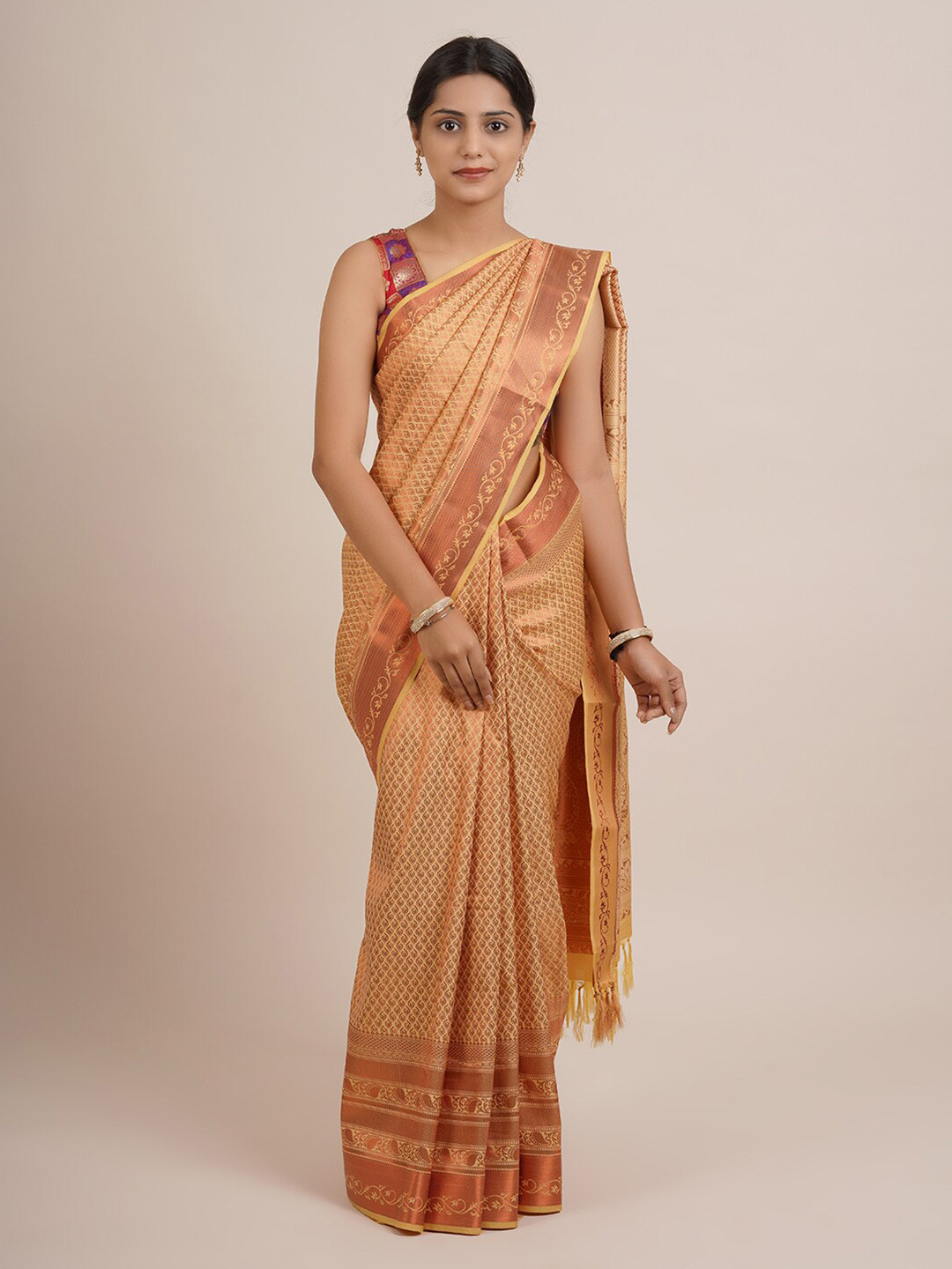 

Pothys Gold-Toned & Copper-Toned Ethnic Motifs Zari Pure Silk Saree