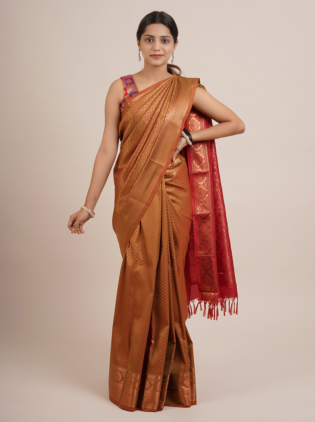 

Pothys Green & Red Floral Zari Pure Silk Saree