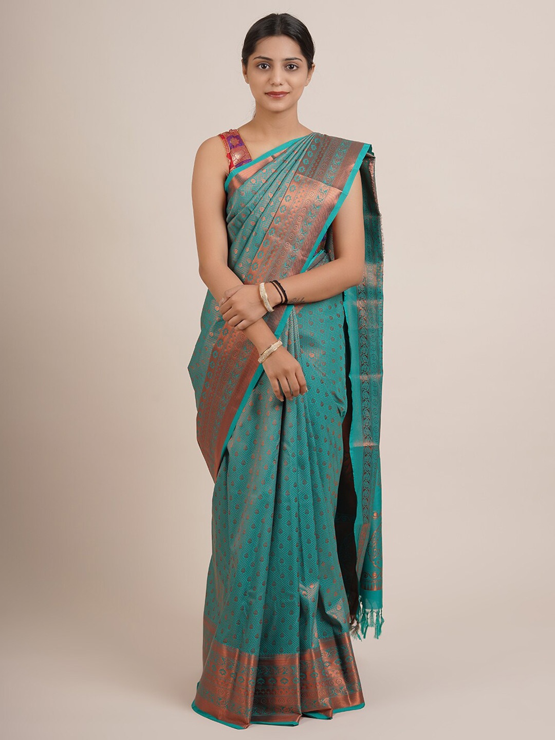 

Pothys Teal Green & Copper-Toned Ethnic Motifs Zari Pure Silk Saree