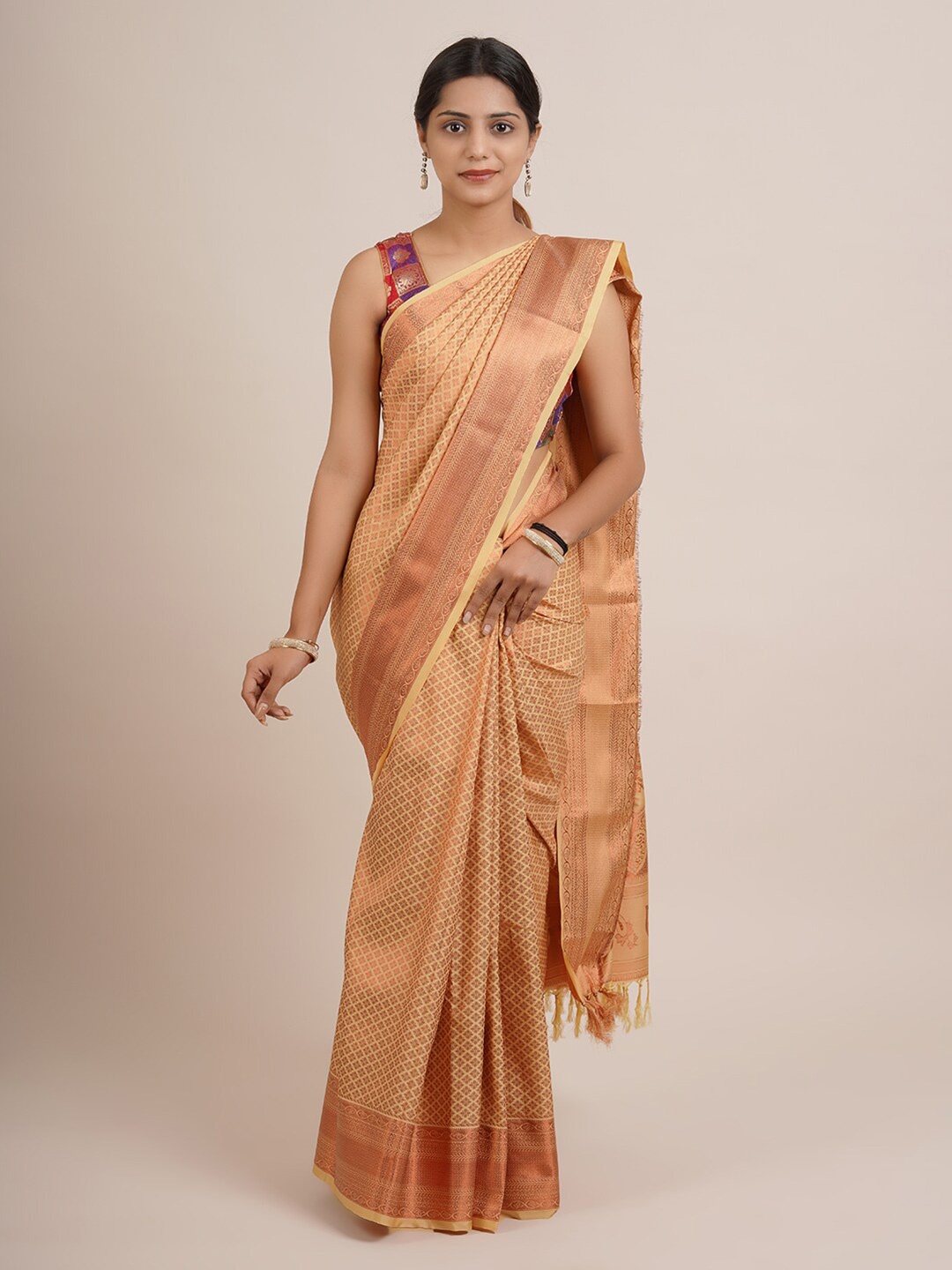 

Pothys Cream-Coloured & Gold-Toned Ethnic Motifs Zari Pure Silk Saree