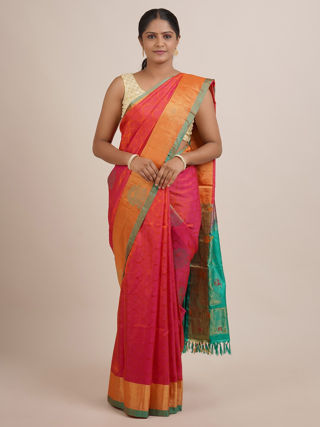 

Pothys Pink & Green Floral Zari Pure Silk Saree