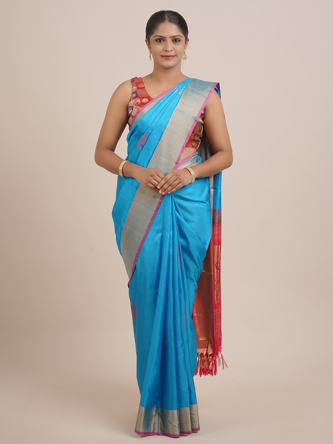 

Pothys Blue & Pink Floral Zari Pure Silk Saree