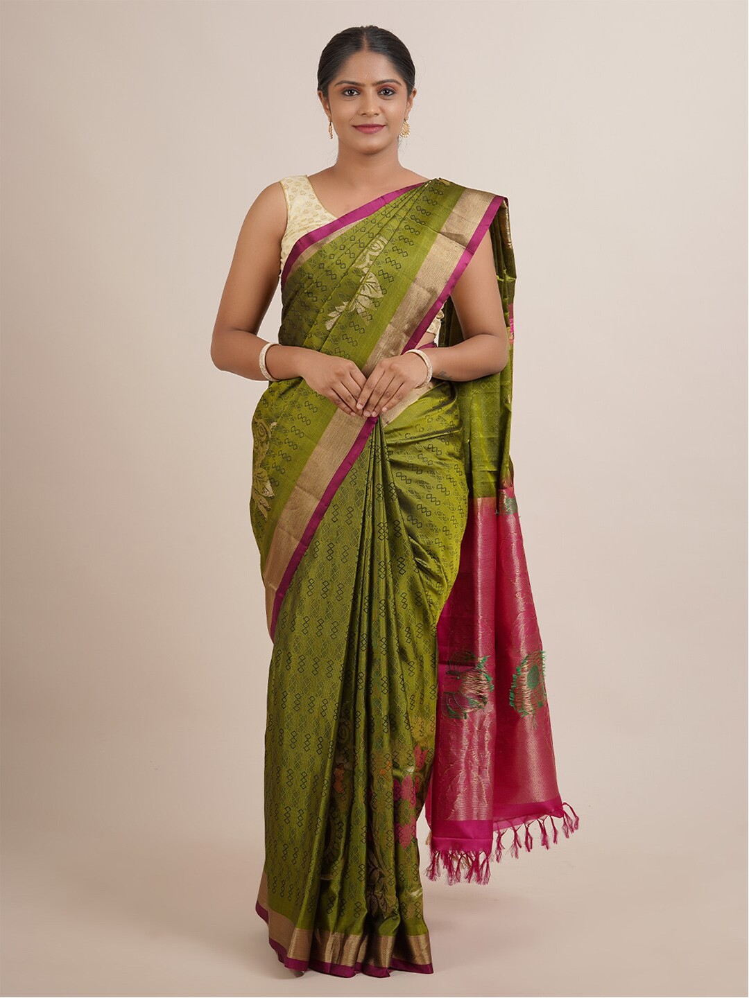 

Pothys Green & Pink Floral Zari Pure Silk Saree