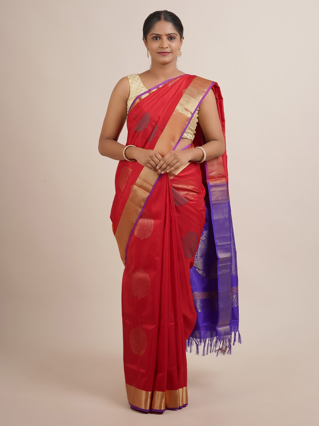 

Pothys Red & Purple Ethnic Motifs Zari Pure Silk Saree