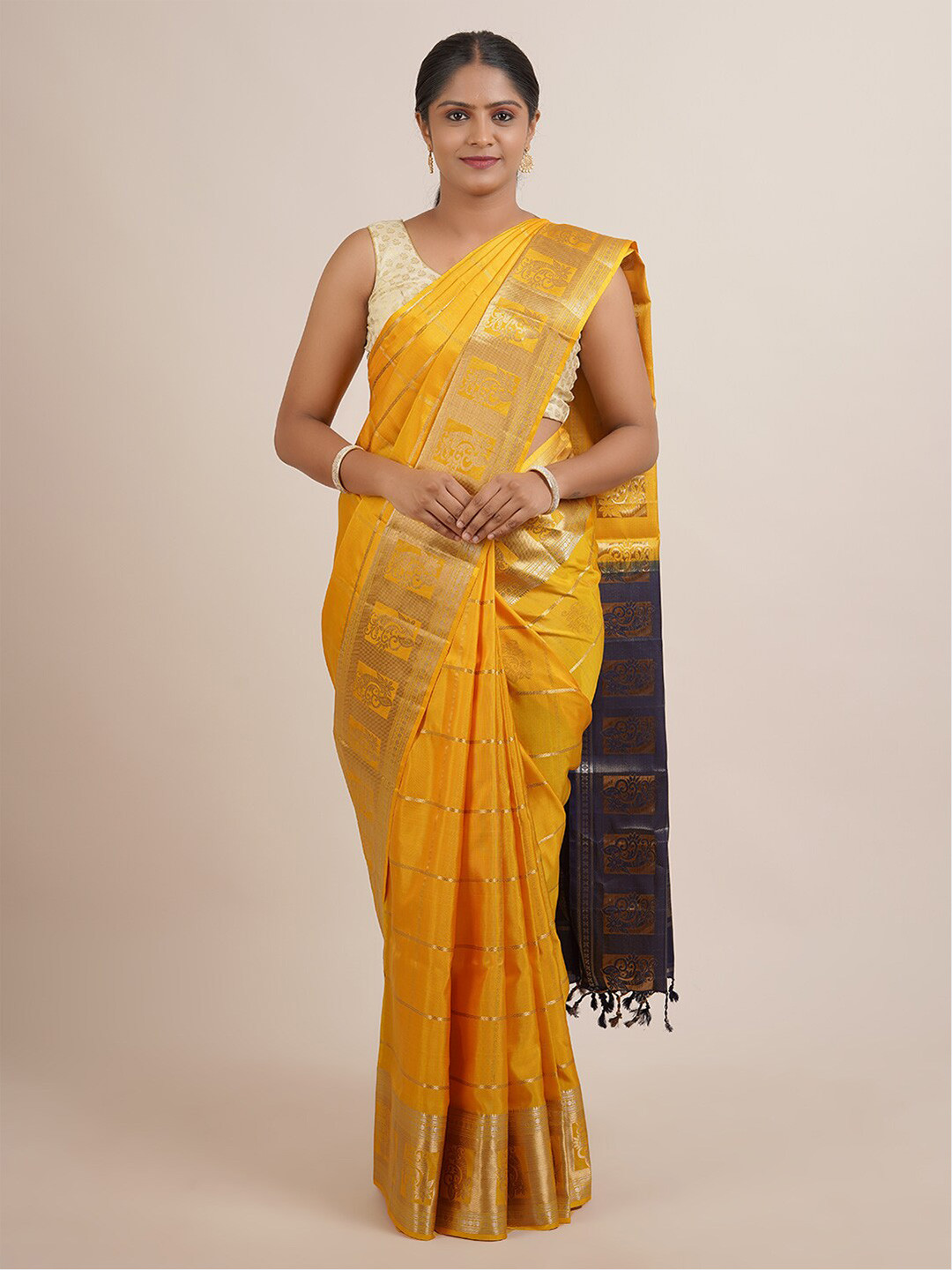 

Pothys Yellow & Navy Blue Woven Design Zari Pure Silk Saree