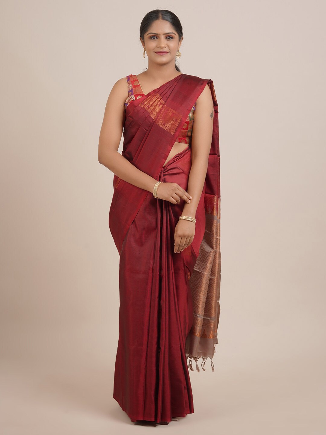 

Pothys Maroon & Copper-Toned Ethnic Motifs Pure Silk Saree
