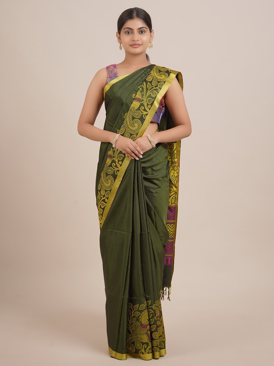 

Pothys Green & Gold-Toned Woven Design Zari Pure Silk Kanjeevaram Saree
