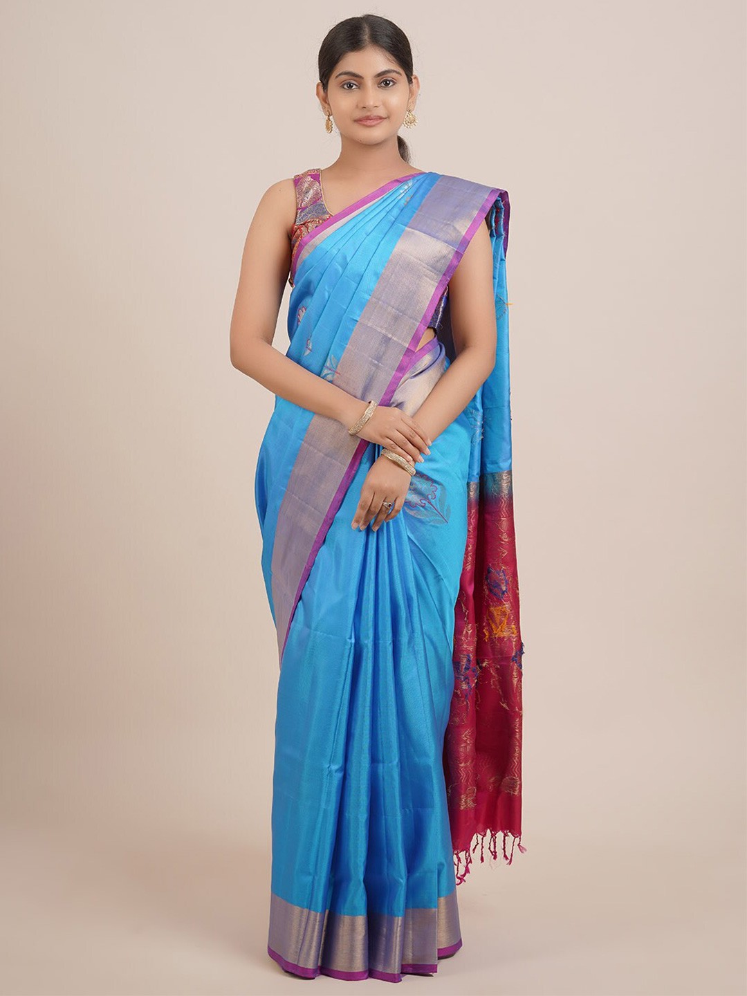 

Pothys Blue & Red Woven Design Zari Pure Silk Kanjeevaram Saree