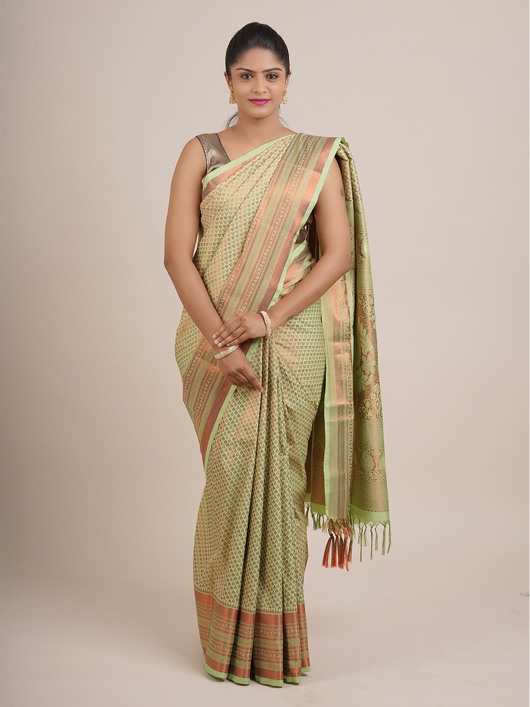 

Pothys Green & Copper-Toned Woven Design Zari Pure Silk Saree