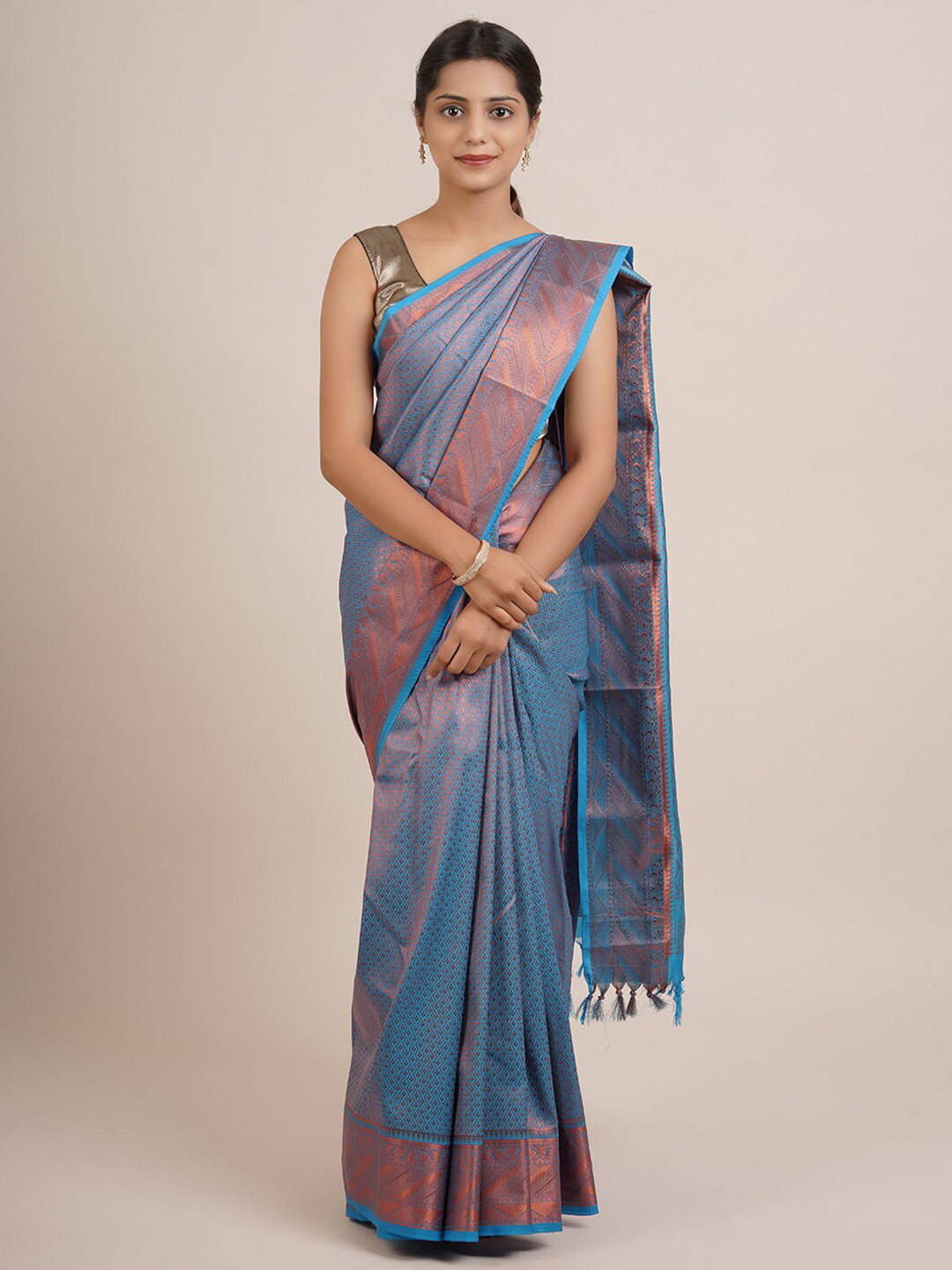

Pothys Blue & Copper-Toned Woven Design Zari Pure Silk Saree