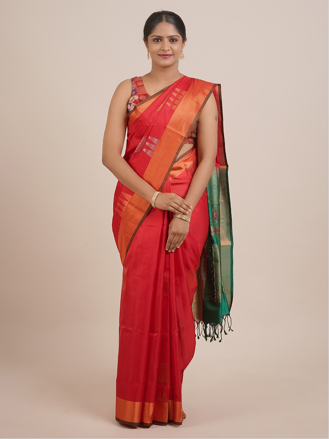 

Pothys Red & Green Woven Design Zari Pure Silk Saree
