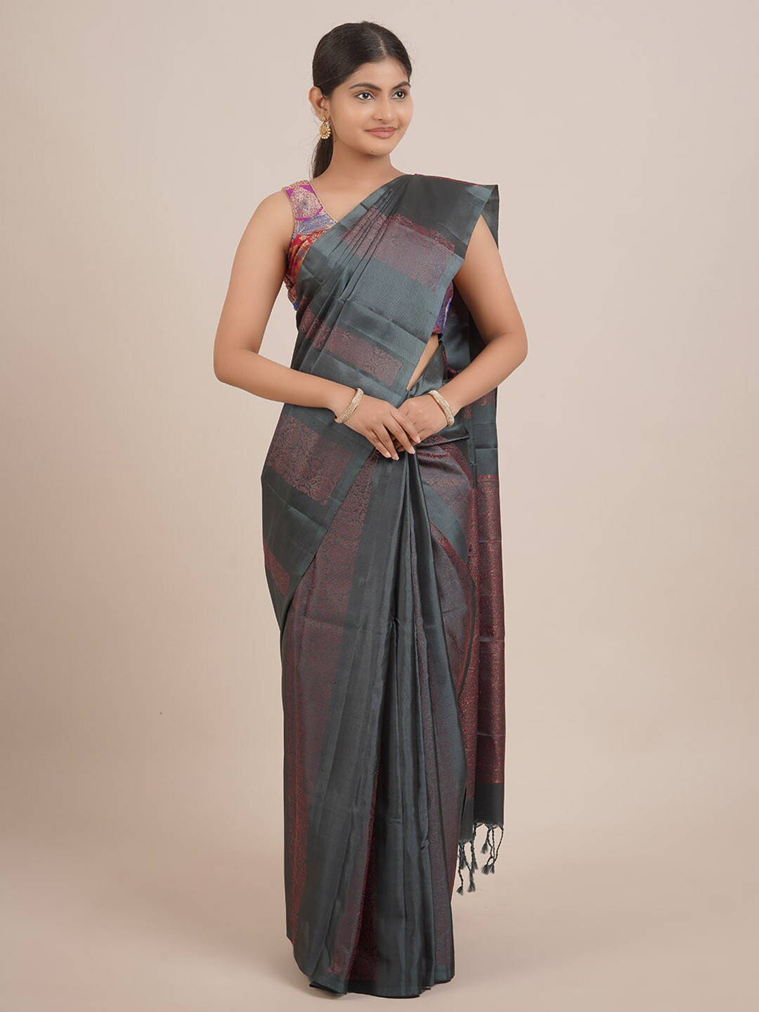 

Pothys Grey & Copper-Toned Floral Pure Silk Saree