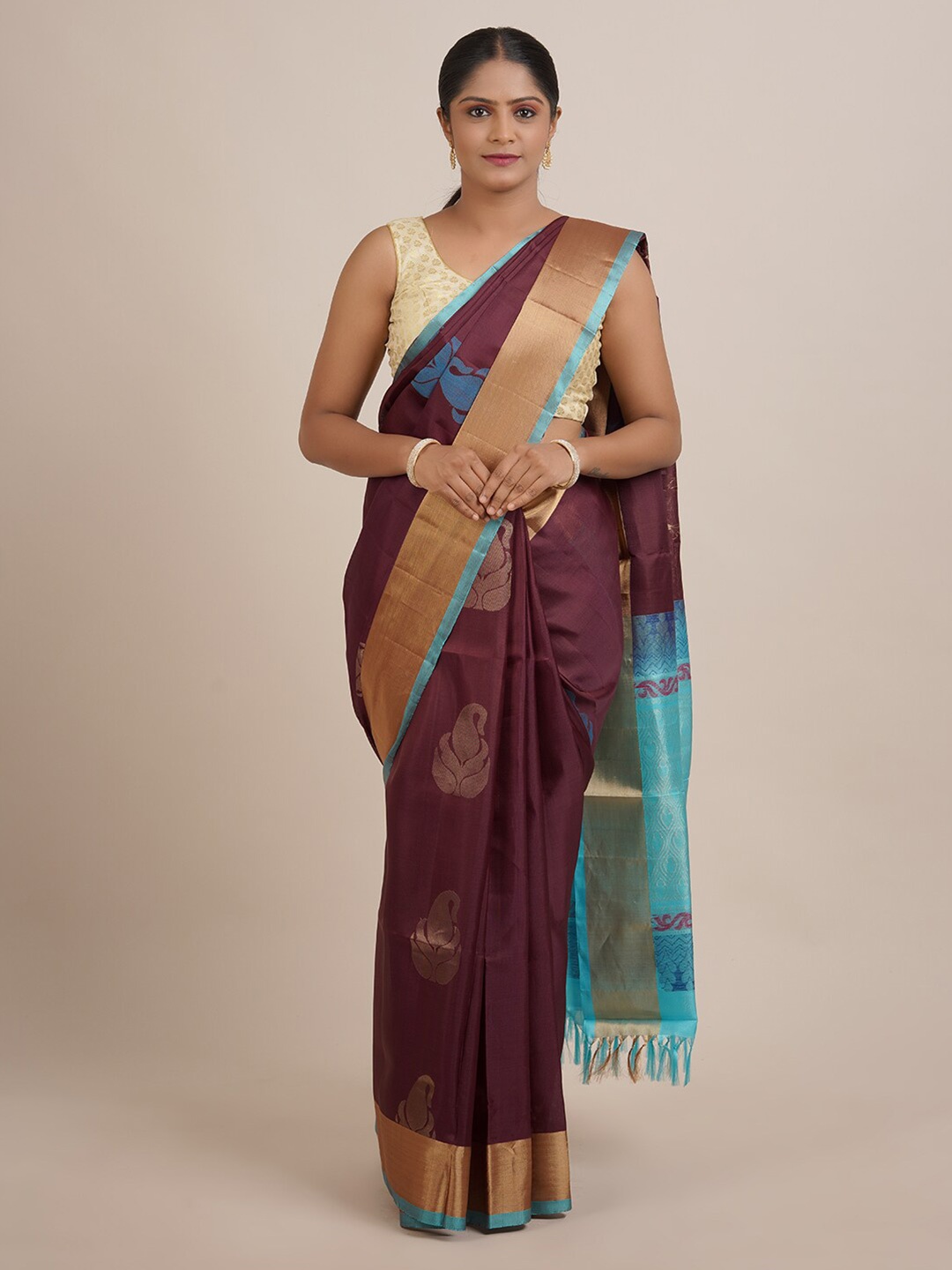 

Pothys Brown & Blue Ethnic Motifs Zari Pure Silk Saree