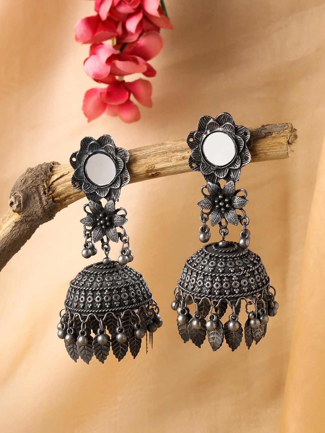 

Yellow Chimes Women Silver-Toned Oxidised Mirror Work Jhumkas Earring