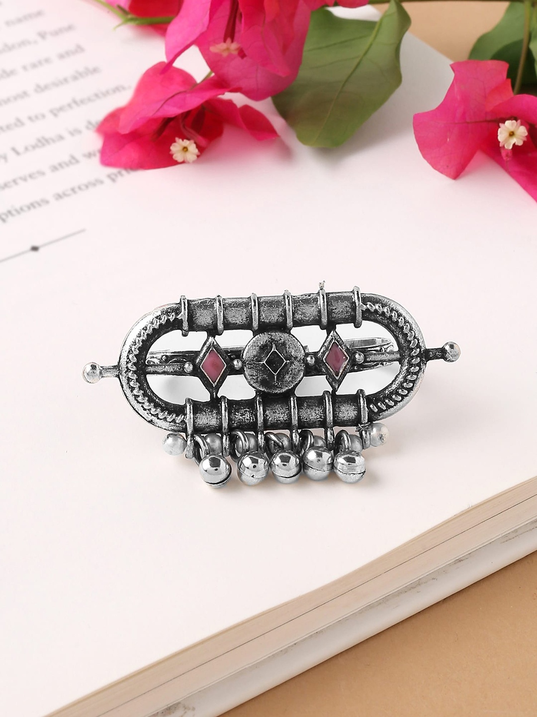 

Yellow Chimes Silver-Plated Oxidised Geometrical Shaped Adjustable Finger Ring