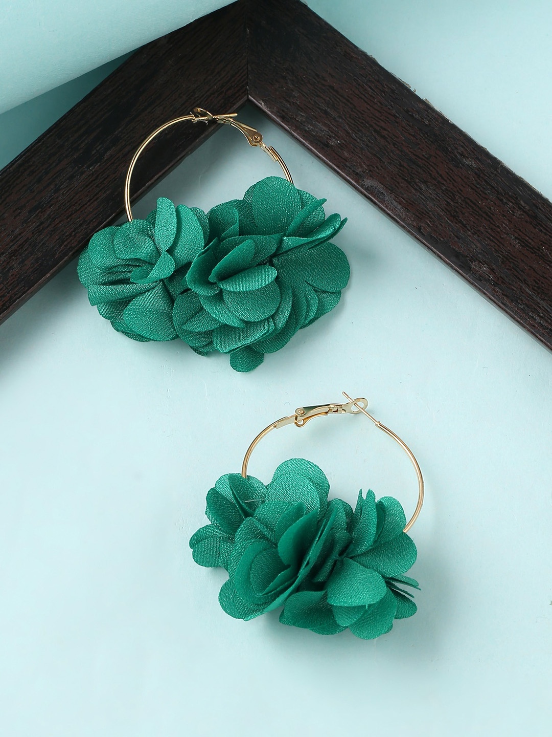 

Yellow Chimes Women Green & Gold Boho Dangle Chiffon Silk Layered Petal Hoop Earrings