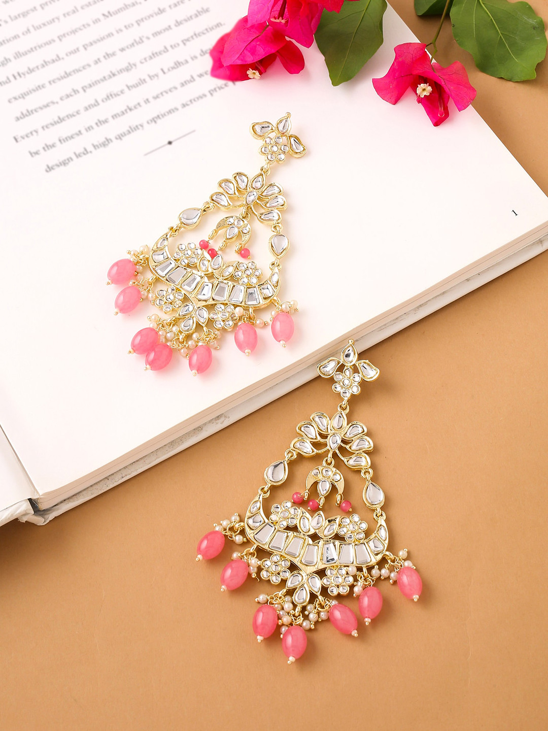 

Yellow Chimes Gold Plated Kundan Studded Beads Chandbalis Earrings, Pink