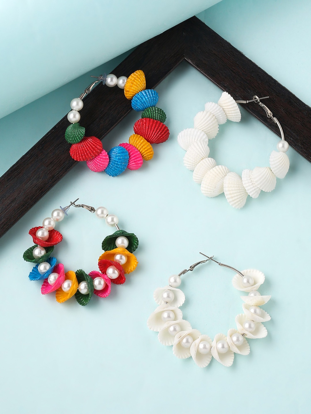 

Yellow Chimes Pack of 2 Pearl and Shells Studded Hoop earring, White