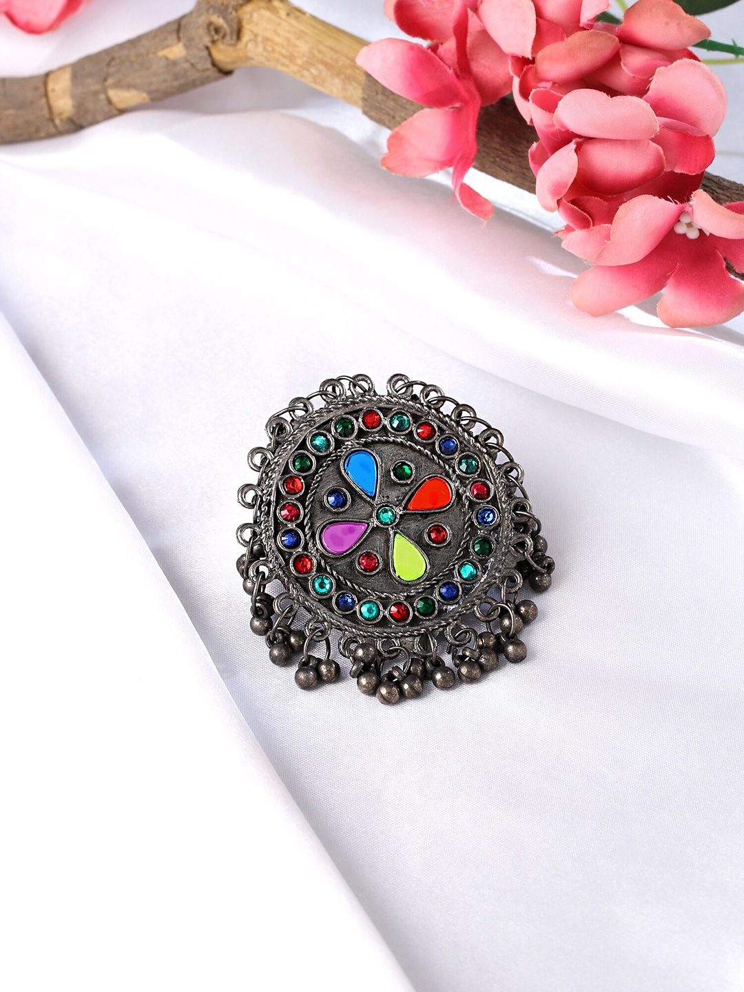 

Yellow Chimes Silver-Plated Oxidised Stone Studded Ghungroo Beaded Antique Finger Ring