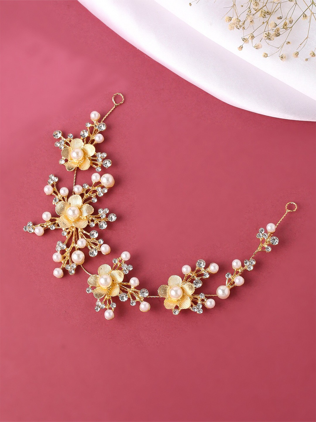

Yellow Chimes Women Gold Plated Floral Deisgned Pearl & Crystal Bridal Hair Vine