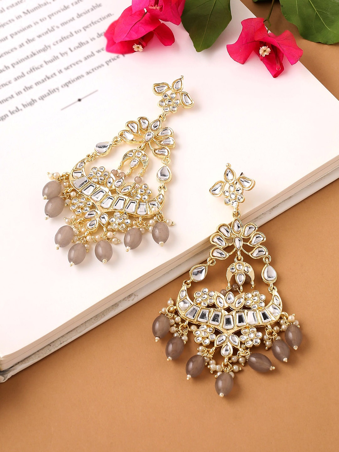 

Yellow Chimes Women Gold-Toned & Grey Studded Kundan Beads Long Dangler Earrings