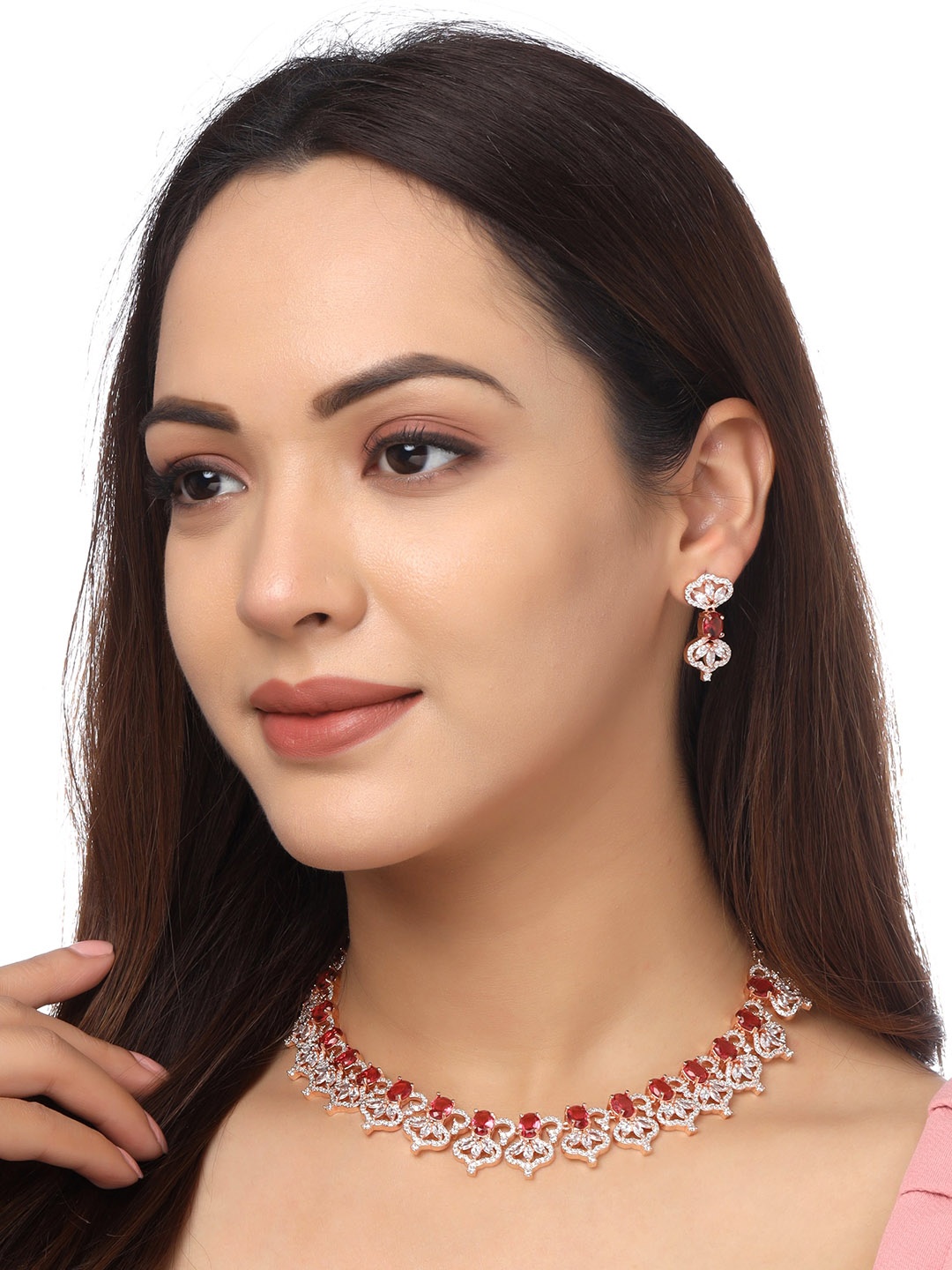 

Yellow Chimes Rose Gold-Plated & Toned White & Red AD Studded Jewellery Set