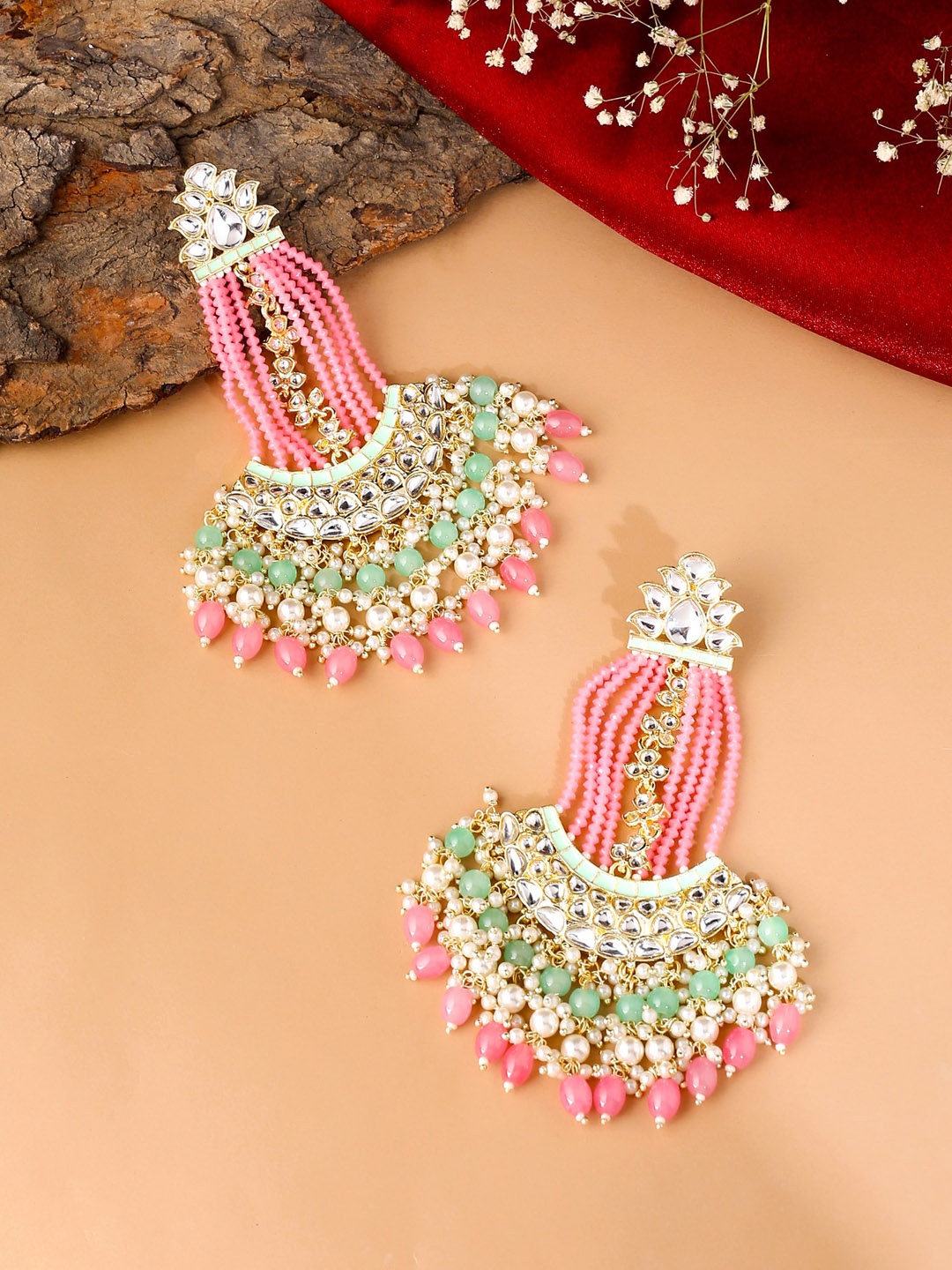 

Yellow Chimes Pink & Gold-Toned Kundan Studded Contemporary Chandbalis Earrings