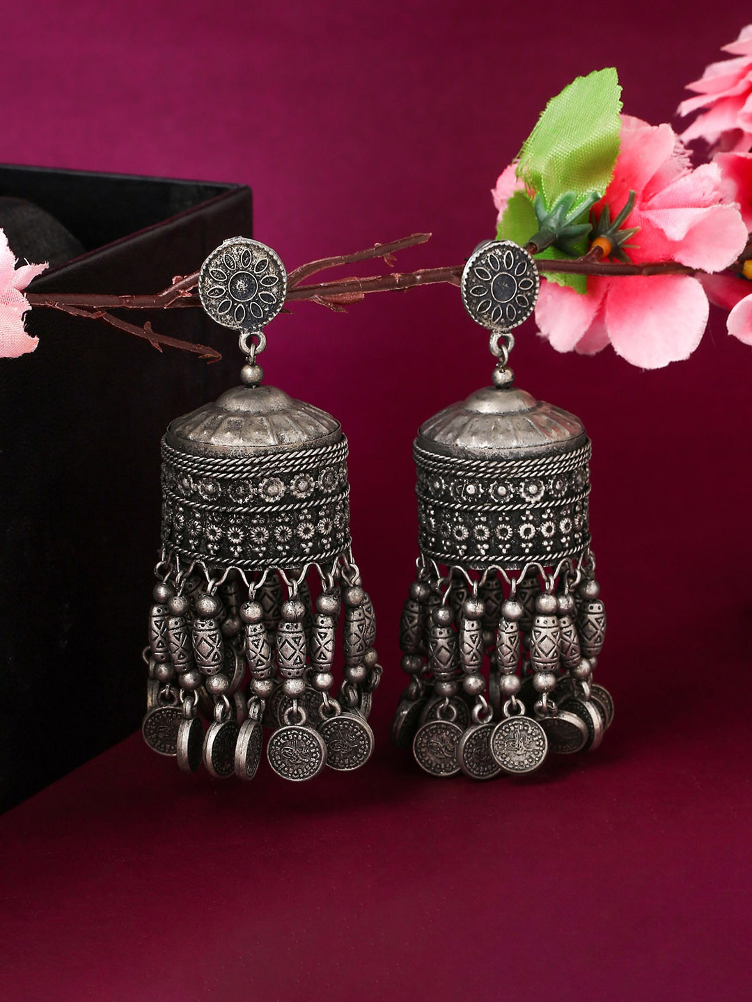 

Yellow Chimes Silver-Toned Oxidised Dome Shaped Jhumkas Earrings