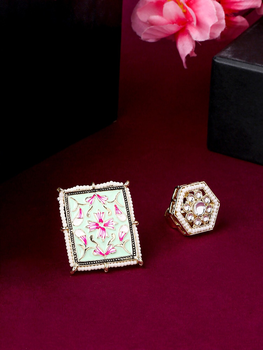 

Yellow Chimes Set of 2 White Kundan studded Meenakhari designed Finger rings, Green