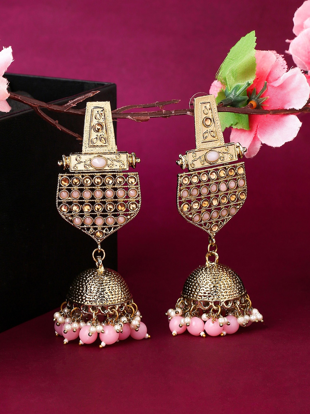 

Yellow Chimes Gold Plated Contemporary Jhumkas Earrings, Pink