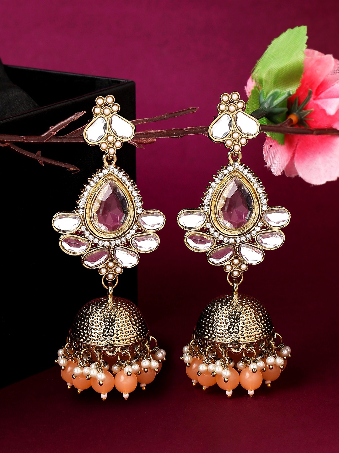 

Yellow Chimes Gold-Toned Kundan Studded Contemporary Jhumkas Earrings