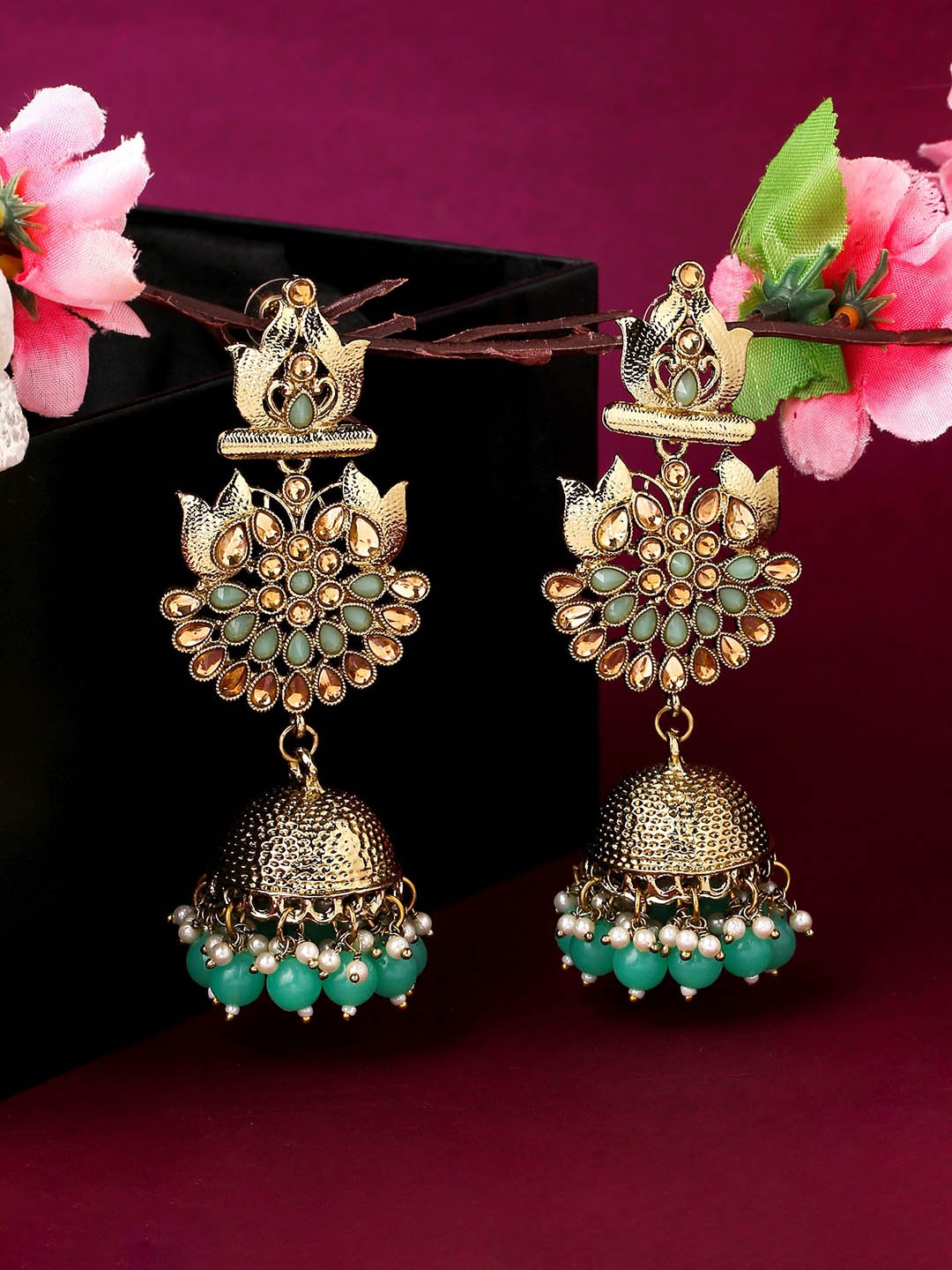 

Yellow Chimes Green Stone Studded Contemporary Chandbali Jhumkas Earrings