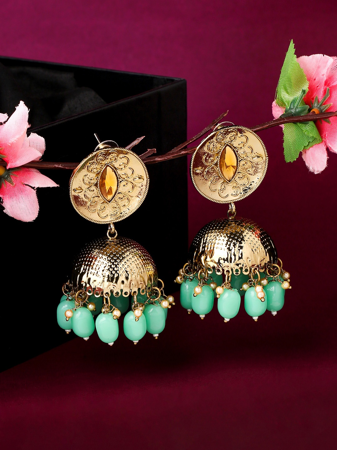 

Yellow Chimes Gold-Plated Green Contemporary Jhumkas Earrings