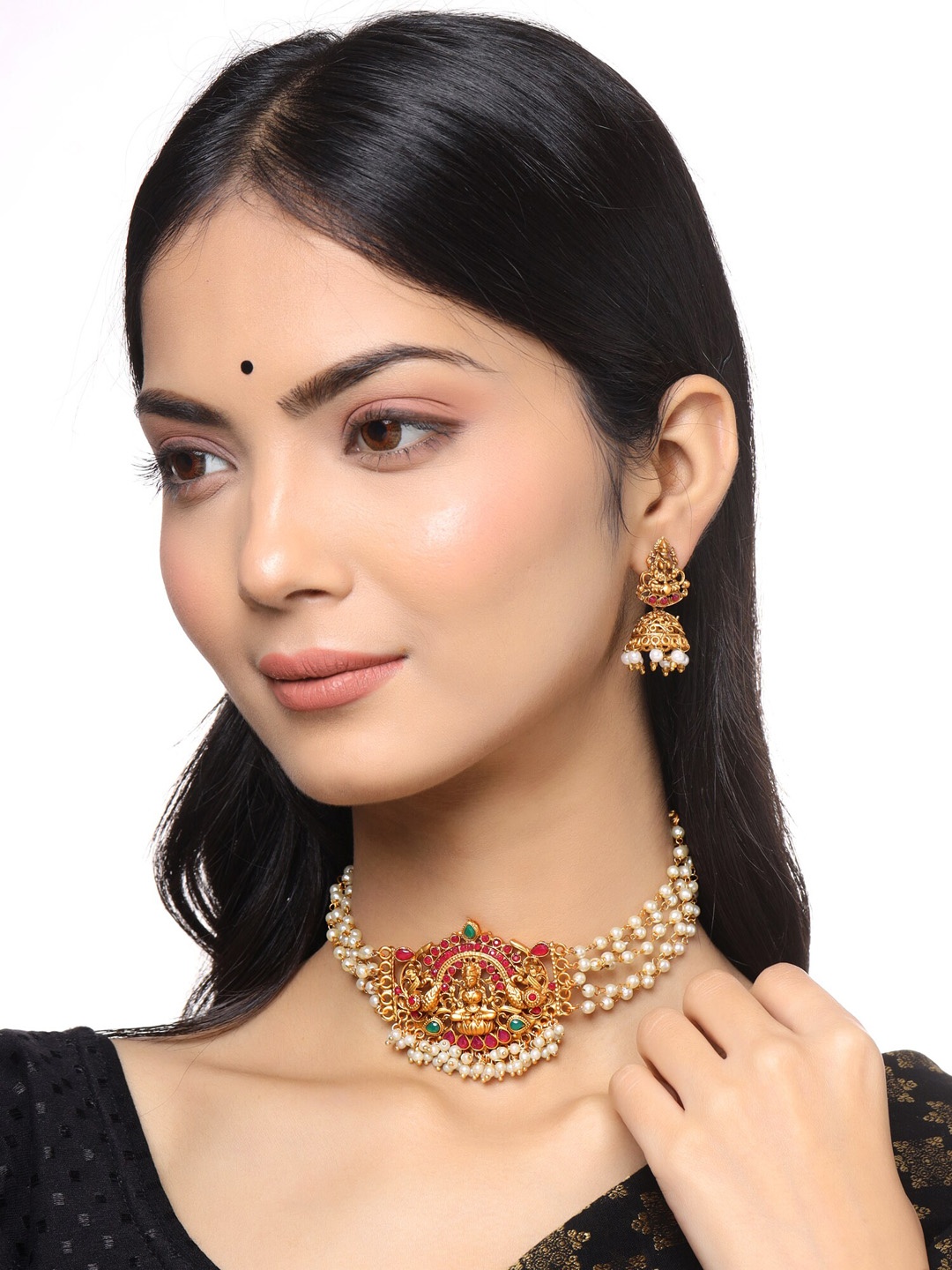 

Yellow Chimes Gold-Plated White Stone-Studded & Beaded Tempal Jewellery Set