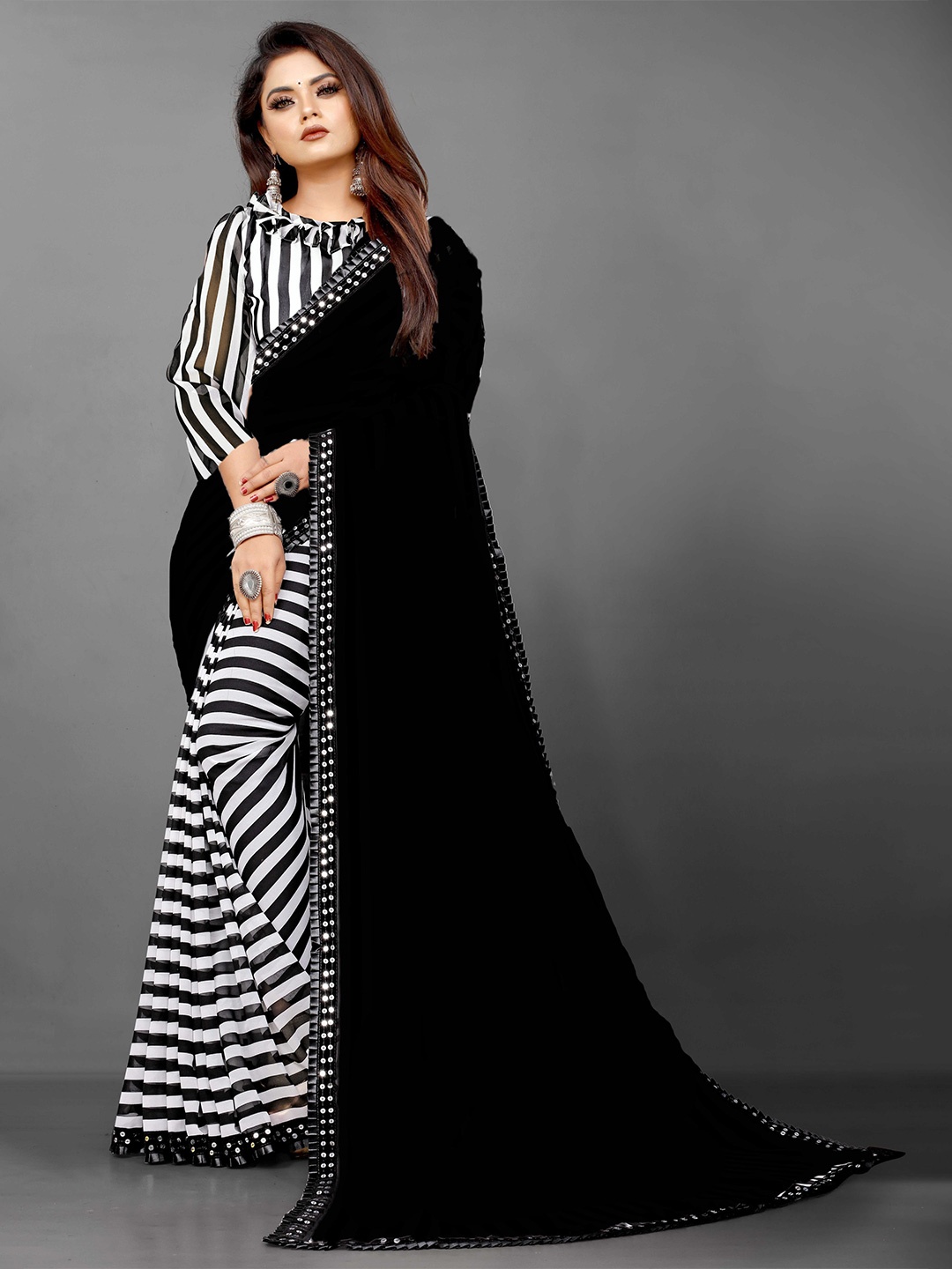 

B4ME COM Black & White Striped Pure Georgette Half and Half Leheriya Saree